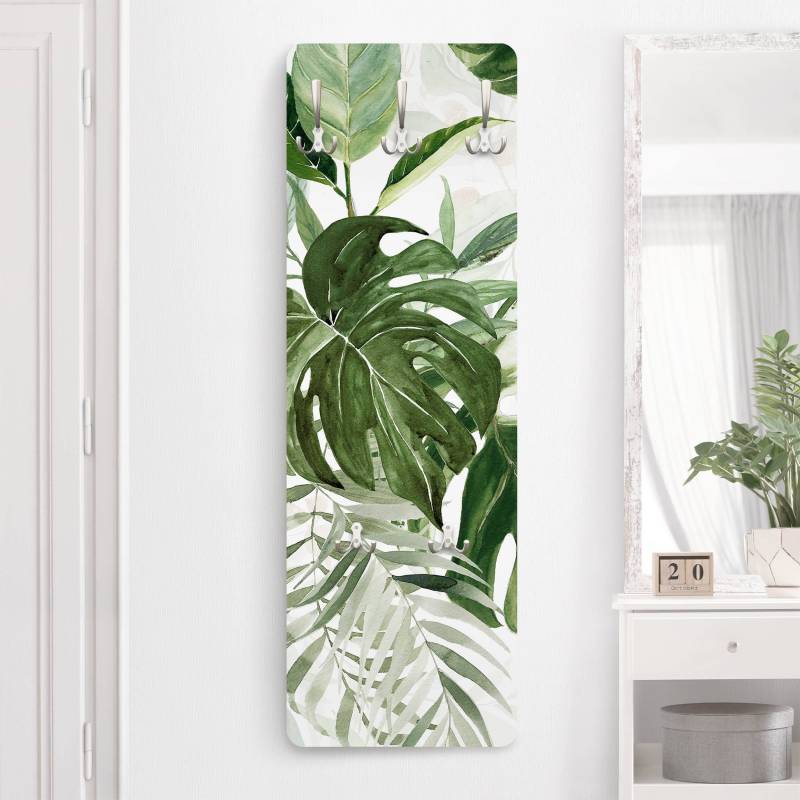 Wandgarderobe Holzpaneel Aquarell Tropisches Arrangement mit Monstera