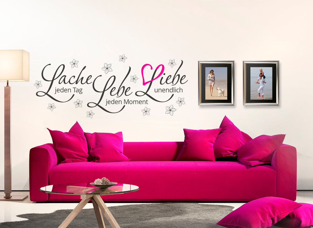 Wandtattoo Zitat "Lebe... Lache... Liebe..." + 12 Blumenblüten + Herz W5122 Wandtattoo Zitat "Lebe... Lache... Liebe..." + 12 Blumenblüten + Herz W5122