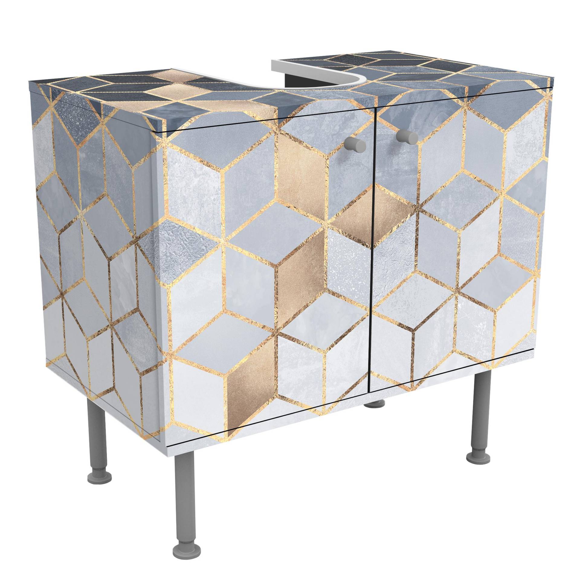 Waschbeckenunterschrank Blau Weiß goldene Geometrie