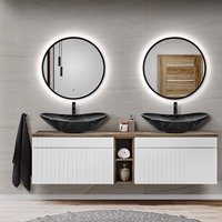 Waschplatz Set mit 2 Aufsatzwaschbecken, 2 LED Spiegel IRAKLIO-56 in weiß matt mit Vintage Eiche Nb., B/H/T: ca. 180,4/200/46 cm
