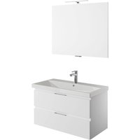 Waschplatz Set mit Spiegel, LED Aufsatzleuchte und Keramik Waschbecken in weiß Glanz VILLATORO-66, B/H/T ca. 90/200/45 cm