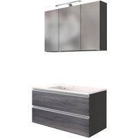 Waschtisch-Set 100cm in Eiche rauchsilber APIA-03 mit LED-Spiegelschrank, B/H/T ca. 100/200/48 cm