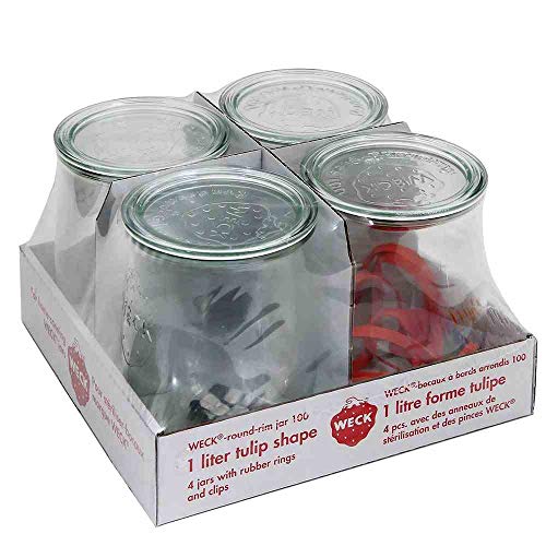 Weck Einkochgläser 4er Set 1 Liter Komplettsett Gummiring Klammer Sturzglas von Weck