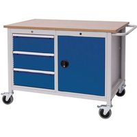 Werkbank B1250xT750xH935mm Buche Multiplex lichtgrau / signalblau 3 Schubladen 1 Tür
