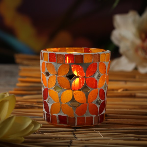 Windlicht Mosaik Glas - Teelichthalter - Blätter Motiv - H: 7cm - D... von MARELIDA