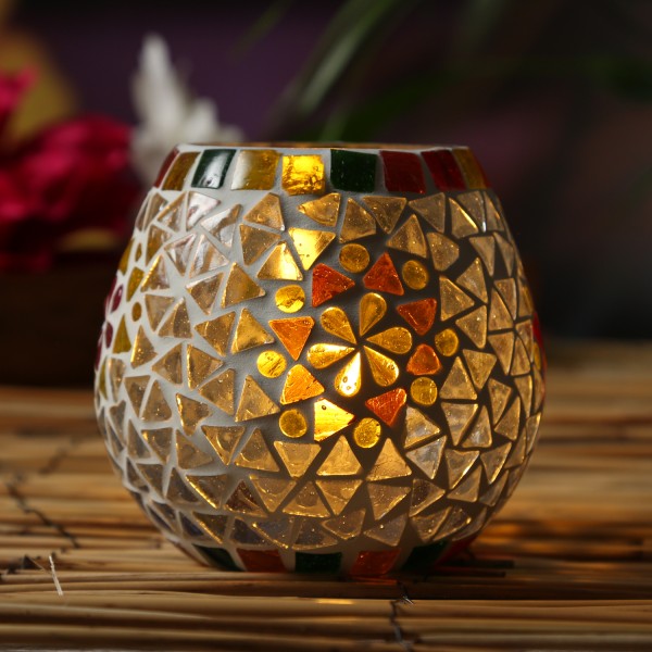 Windlicht Mosaik Glas - Teelichthalter - H: 11cm - D: 11cm - weiß von MARELIDA