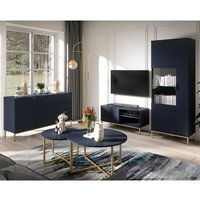 Wohnzimmer Set PERIA-132 mit Sideboard, Couchtischen, Vitrine und TV Lowboard in Marineblau mit LED Beleuchtung