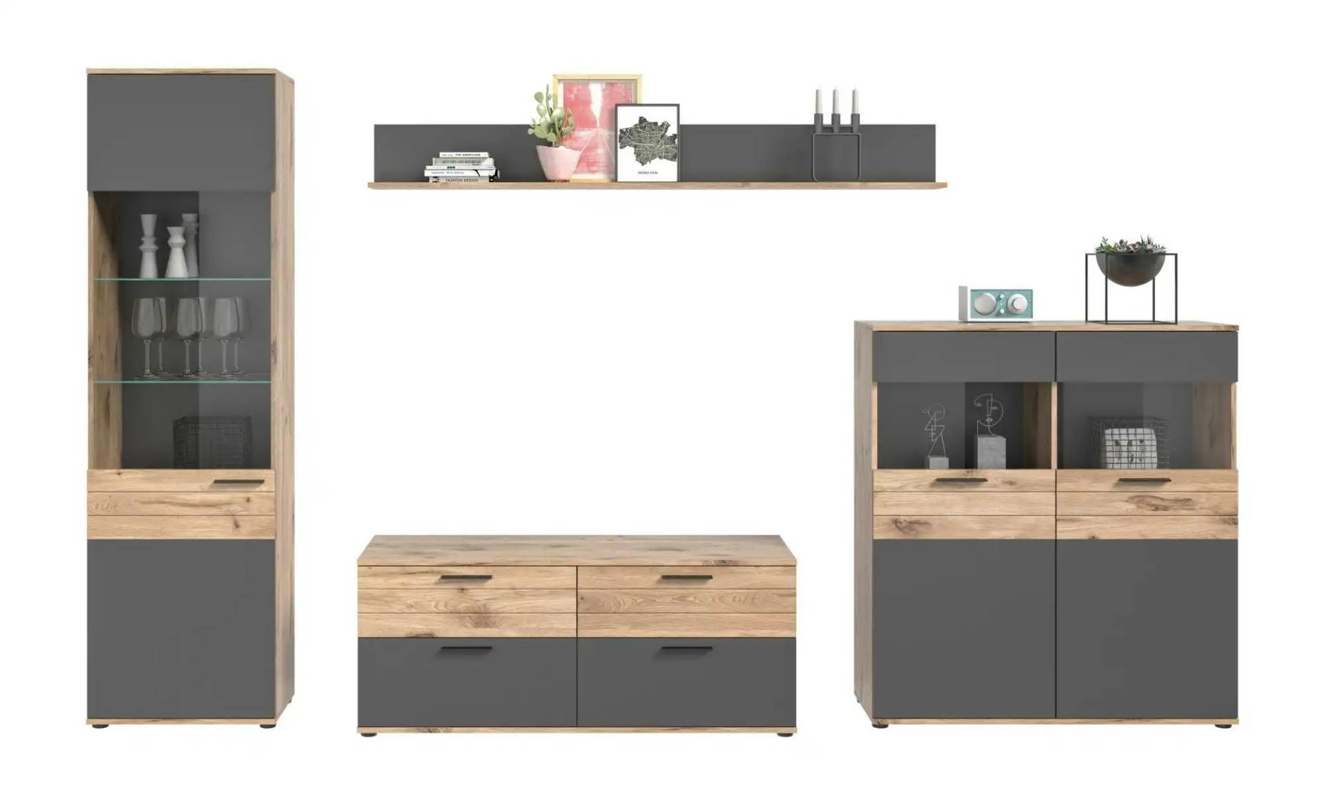 Wohnkombination   ¦ grau ¦ Maße (cm): B: 327 H: 200 Kommoden & Sideboards > Wohnwände - Möbel Kraft