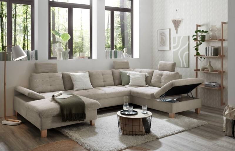 Wohnlandschaft "Ascot" von Ed Exciting Design in Breitcord  mit Schlaffunktion, Bettkasten und variabler Kopfstütze