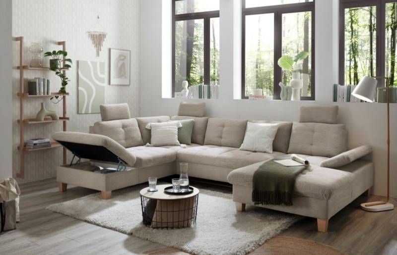 Wohnlandschaft "Ascot" von Ed Exciting Design in Breitcord  mit Schlaffunktion, Bettkasten und variabler Kopfstütze
