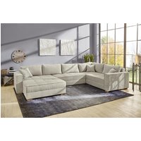 Wohnlandschaft U Form Cord Beige mit Schlaffunktion und Bettkasten 227 x 379 cm beidseitig montierbar BRIXEN