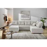 Wohnlandschaft Cord U-Form mit Schlaffunktion und Bettkasten variabel montierbar hell beige