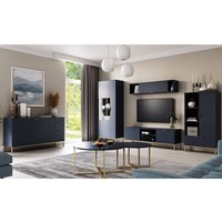 Wohnzimmer Möbel Komplett Set inkl. LED Glasbodenbeleuchtung in Marineblau PERIA-132, 7-teilig
