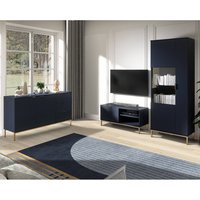 Wohnzimmer Set PERIA-132 mit Sideboard, Vitrine und TV Lowboard in Marineblau mit LED Beleuchtung