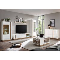Wohnzimmer-Wohnwand-Set in weiß Glanz mit Grandson Oak Eiche Nb. CELLE-61 mit Sideboard und Couchtisch, B/H/T ca. 340/194/40 cm