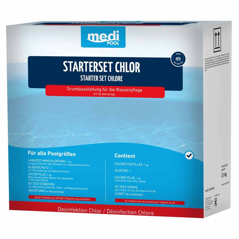 mediPOOL StarterSet-Chlor (mit Chlor PLUS) 3,1 kg Desinfektion, Chlortabletten, Schnellchlorung, klares Wasser, Poolreinigung