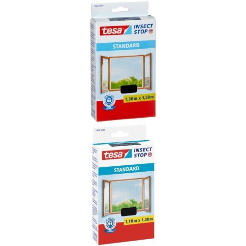 tesa Fliegengitter für Fenster, Standard Qualität, anthrazit, durchsichtig, 1,3m x 1,5m + tesa Fliegengitter für Fenster, Standard Qualität, anthrazit, durchsichtig, 1,1m x 1,3m von tesa