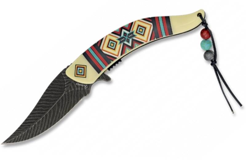 verziehrtes Taschenmesser ws Indianer Feder Design mit Perlen-Band von Markenmesser24