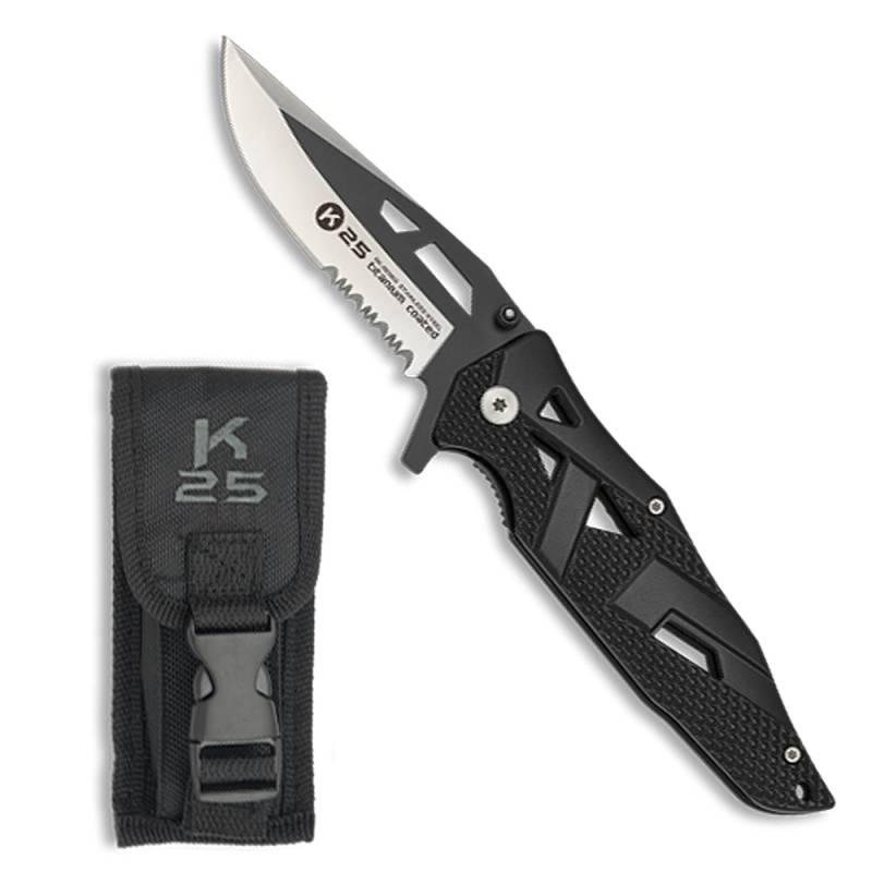 vielseitiges Taschenmesser titan-beschichtet m. Teilwellenschliff und Etui von K25