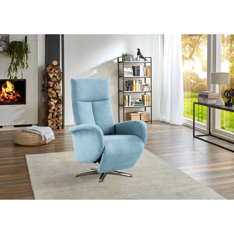 home24 Relaxsessel Nesebar II Blau Flachgewebe Olea Elektrisch verstellbar: 2 Motoren mit Akku mit Aufstehhilfe/Relaxfunktion 75 x 112 x 82cm von home24