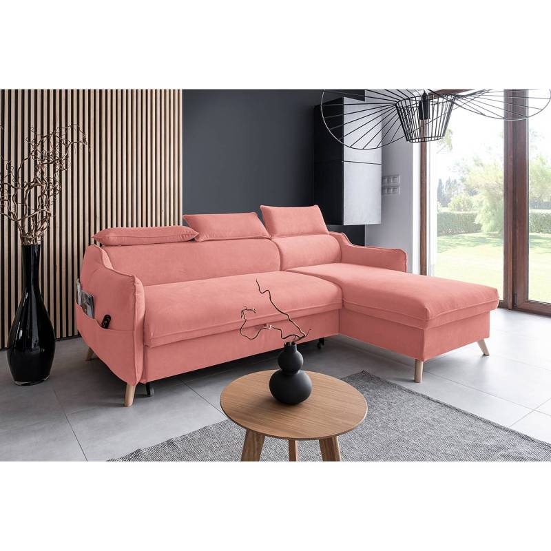 home24 Ecksofa Huesca mit Longchair Pink Samt Mohini 228 x 95 x 162cm Longchair davorstehend rechts Modern von home24