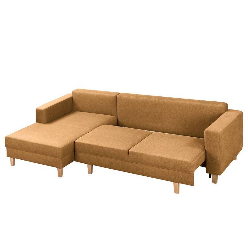 home24 Ecksofa mit Schlaffunktion Gelb Webstoff Lark 264 x 87 x 172cm Longchair davorstehend links mit Schlaffunktion Skandi von home24