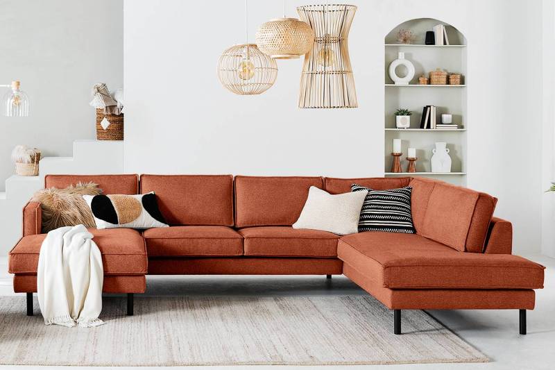 home24 Wohnlandschaft Rot Webstoff Maila 328 x 80 x 225cm Longchair davorstehend links / Ottomane rechts ohne Schlaffunktion Retro von home24