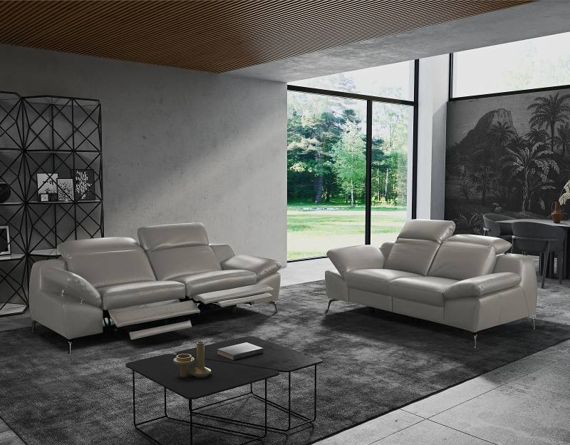 home24 2-Sitzer Sofa Grau Echtleder Domna 194 x 83 x 110cm Chrom glänzend Modern von home24