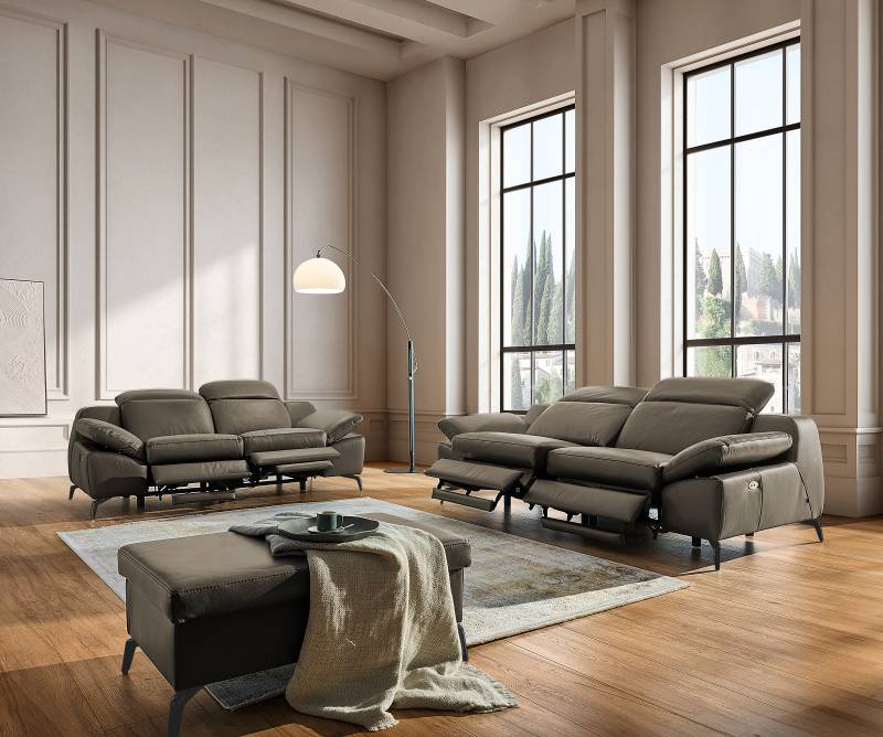 home24 2-Sitzer Sofa Grau Echtleder Domna 194 x 83 x 110cm Schwarz Modern von home24