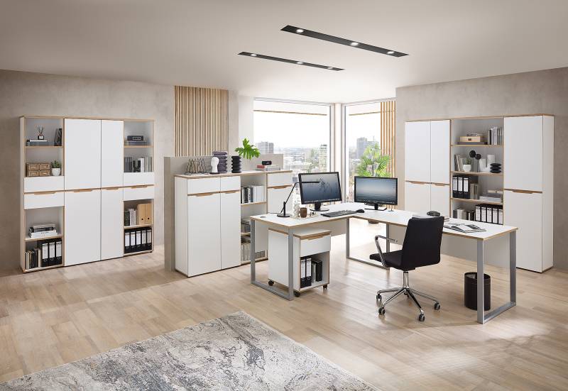 home24 Aktenschrank 45cm Weiß/Weiß/Eiche Artisan Dekor von home24