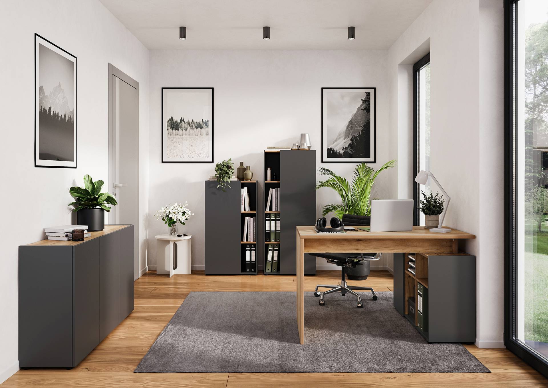 home24 Aktenschrank Adrano 145 cm 61 x 145 x 34cm Grau/Graphit/Eiche Dekor von home24