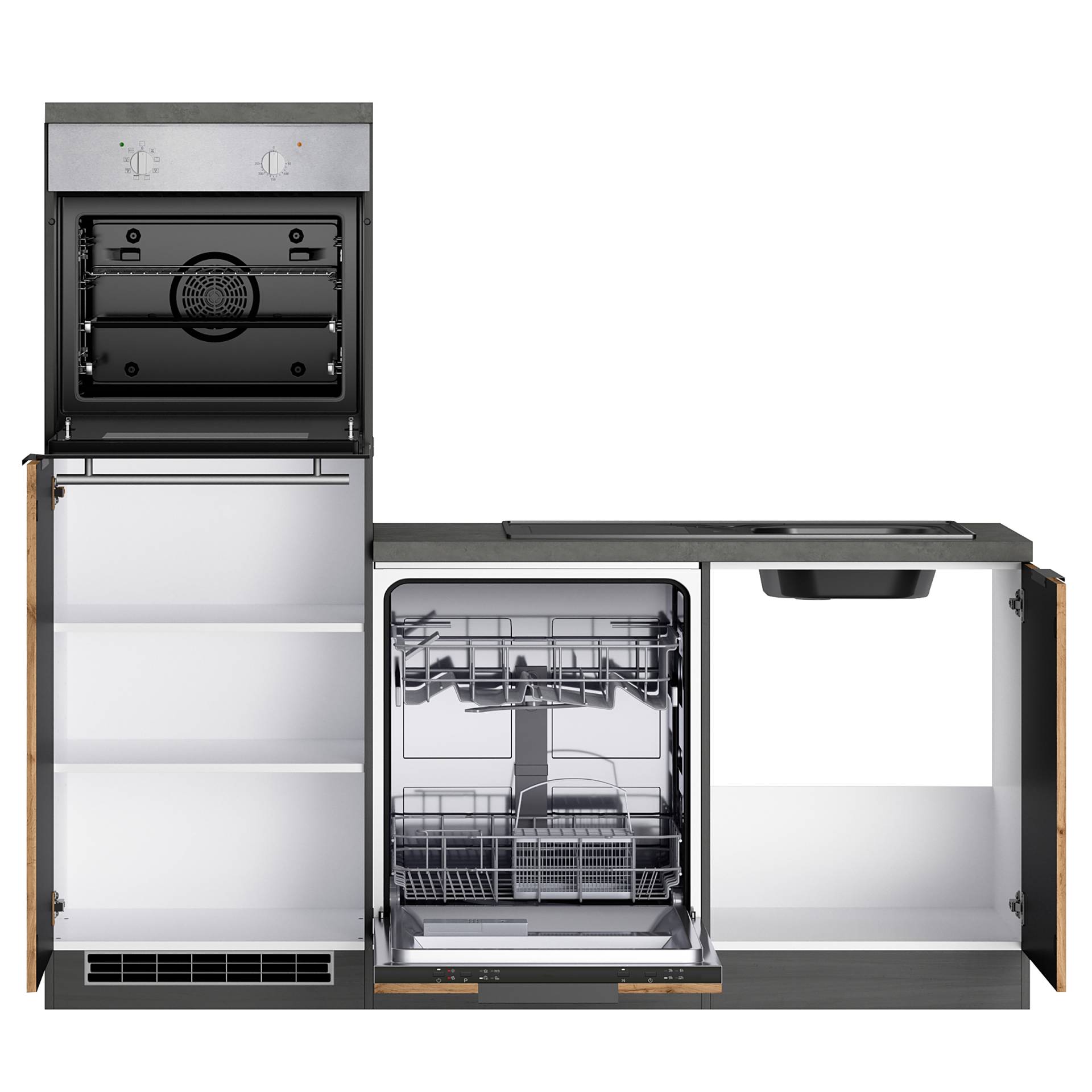 home24 Autarke Eckküche Liverpool Schwarz 240cm Braun Glaskeramik mit Elektrogeräten ohne Kühlschrank von home24