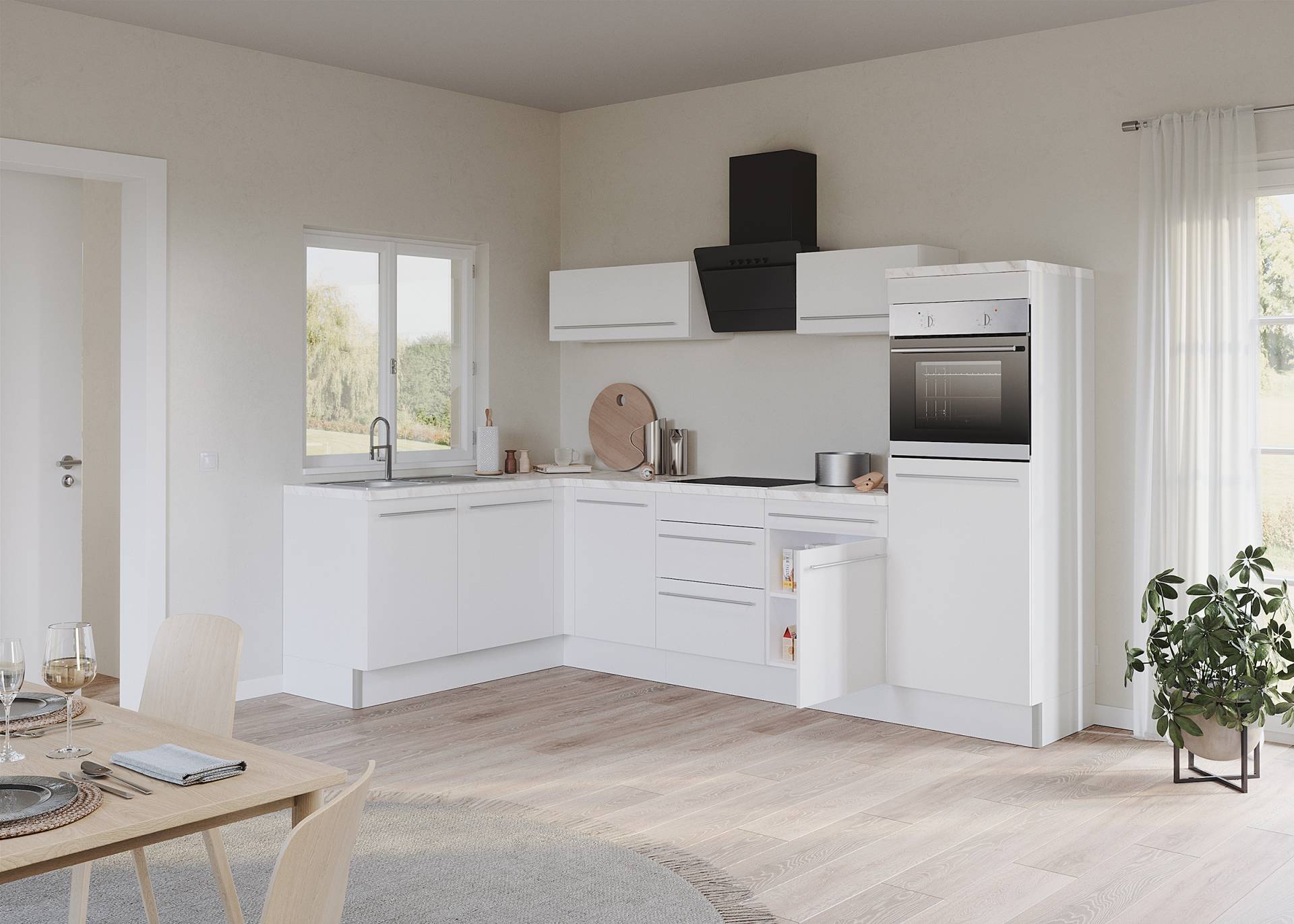 home24 Autarke Eckküche Venezia Kombi B 295 x 192 x 60cm Weiß/Weiß mit Elektrogeräten von home24