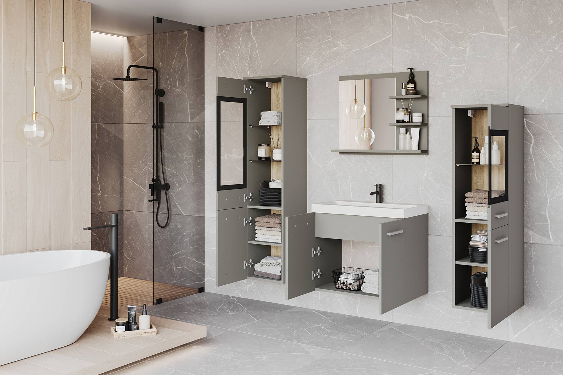 home24 Badezimmerset Ricardera 4-teilig Spiegel 120 x 132 x 35cm Grau/Lichtgrau home24 Badezimmerset Ricardera 4-teilig Spiegel 120 x 132 x 35cm Grau/Lichtgrau von home24