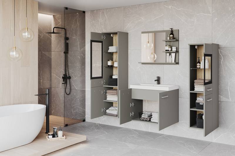 home24 Badezimmerset Ricardera 4-teilig Spiegel 120 x 132 x 35cm Grau/Lichtgrau von home24