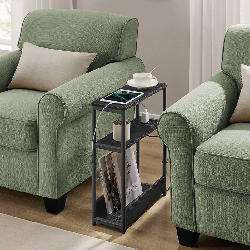 home24 Beistelltisch Iskour mit Steckdose Typ C 45 x 58 x 18cm Schwarz/Esche Schwarz Dekor von home24