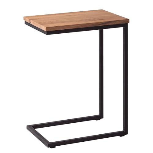 home24 Beistelltisch in C-Form aus Holz und Metall 60 cm hoch | Couchtisch rechteckig Eiche & Eisen | Kleiner Tisch schwarz Wohnzimmer Schlafzimmer | Wohnzimmertisch Laptoptisch Sofatisch Nachttisch von home24
