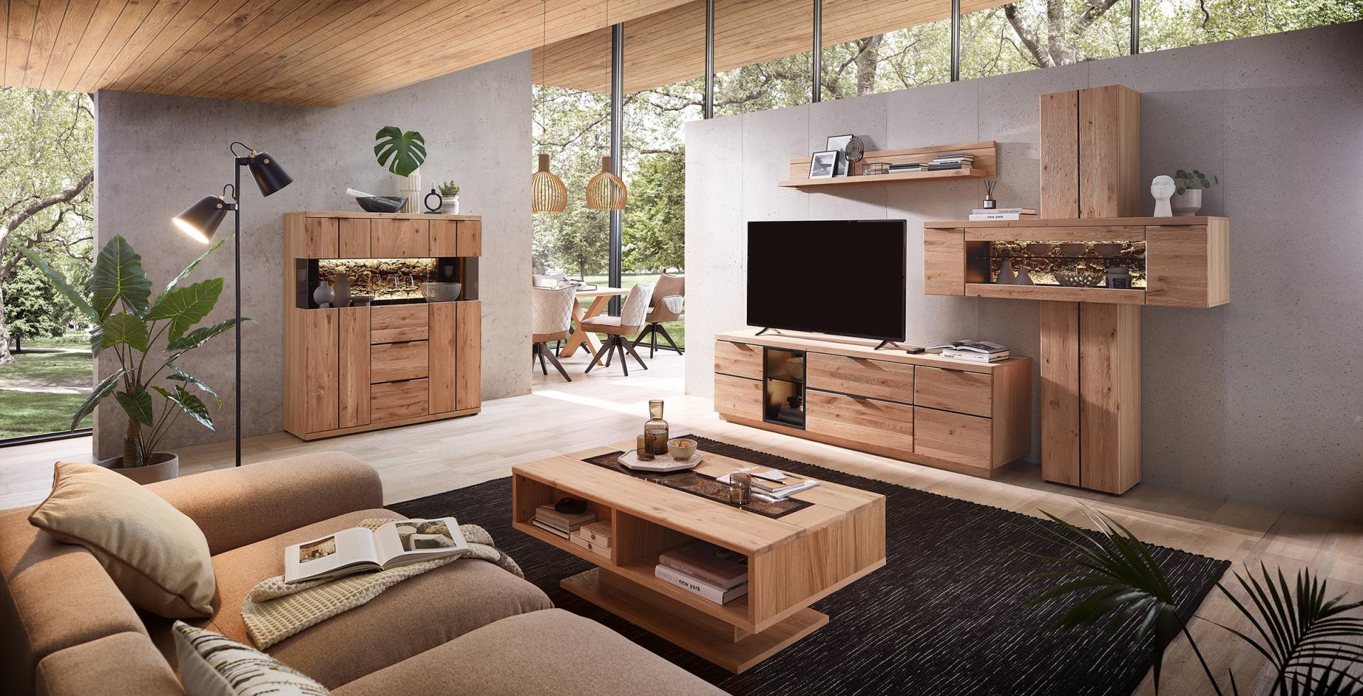 home24 Beleuchtete Hängevitrine 140 x 203 x 42cm Braun von home24