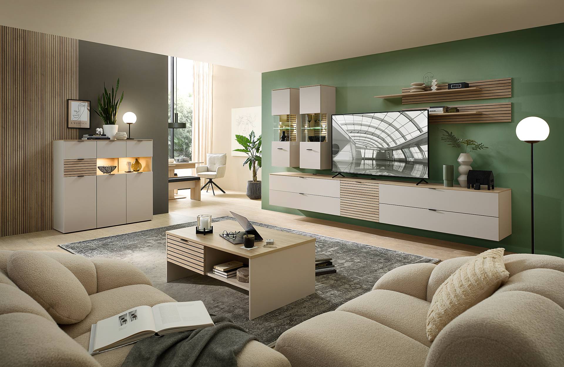 home24 Beleuchtete Hängevitrine 40 x 124 x 36cm Grau/Beige/Sandgrau von home24