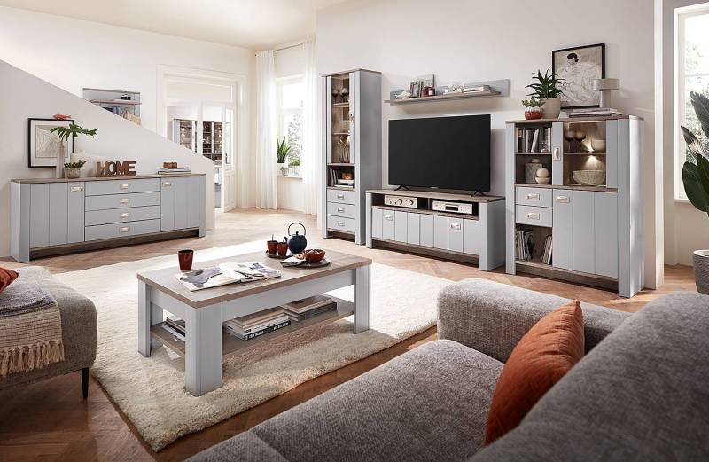 home24 Beleuchtete Standvitrine 65 x 201 x 38cm Grau/Lichtgrau von home24