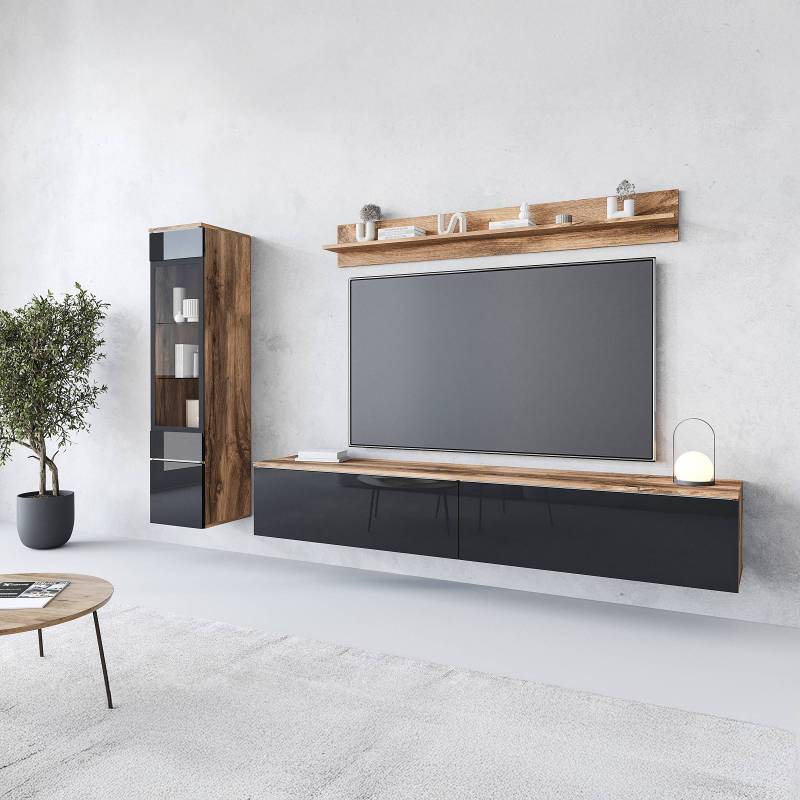 home24 Beleuchtete Wohnwand Cripe 3-teilig Spanplatte, beschichtet Schwarz/Braun/Hochglanz Schwarz/Eiche Dekor 210 x 130 x 33cm von home24