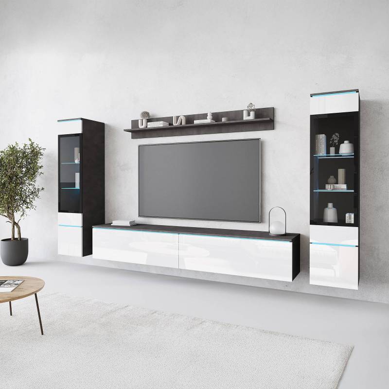 home24 Beleuchtete Wohnwand Cripe 4-teilig Spanplatte, beschichtet Schwarz/Hochglanz Weiß/Anthrazit 240 x 130 x 33cm von home24