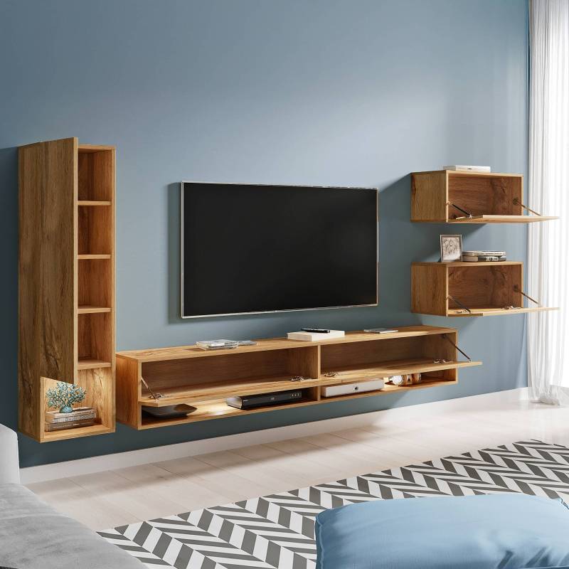 home24 Beleuchtete Wohnwand Grafa 4-teilig Spanplatte, beschichtet Braun/Wotaneiche Dekor 270 x 130 x 33cm von home24