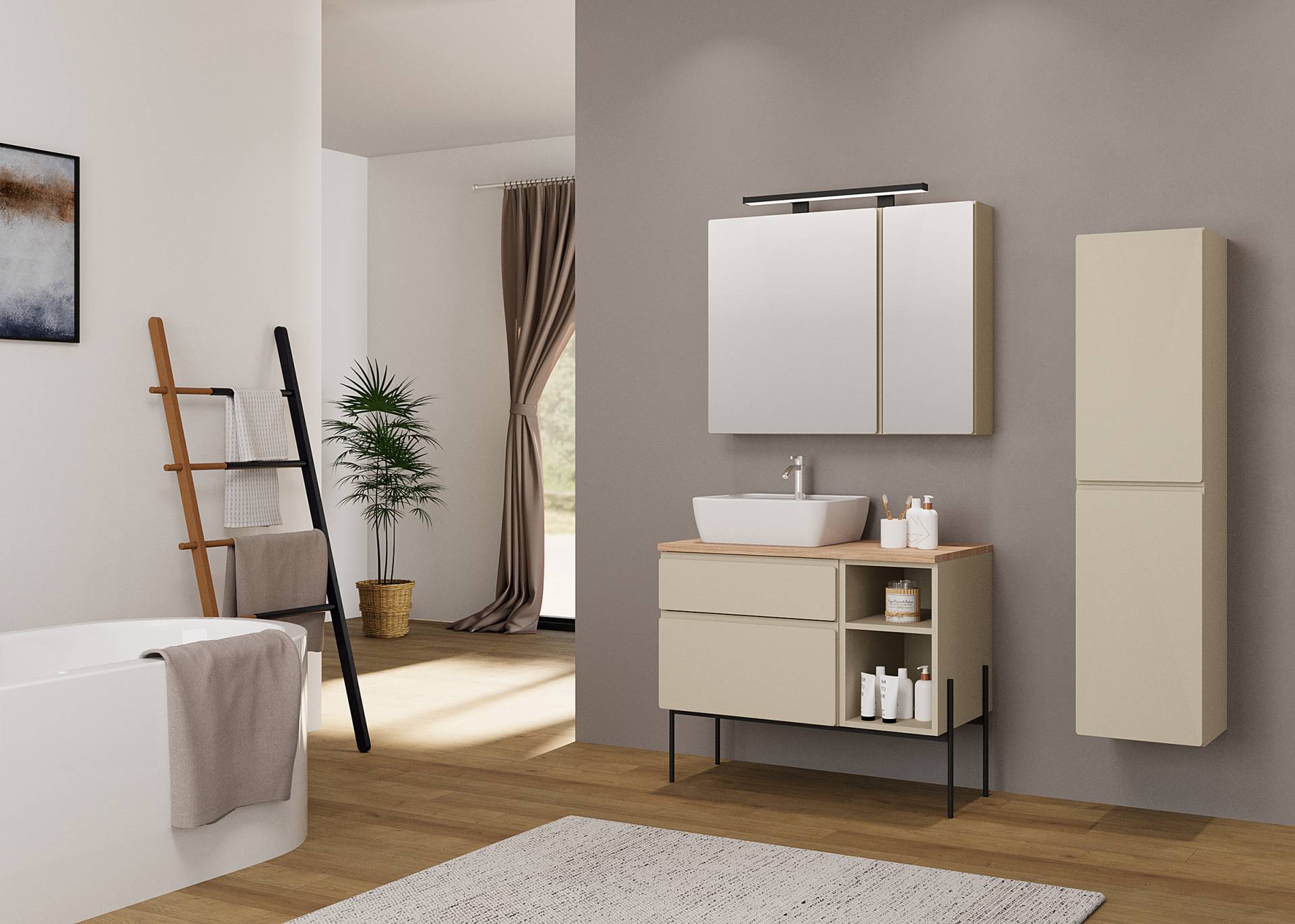 home24 Beleuchteter Spiegelschrank 90 x 74 x 18cm Grau/Kaschmir von home24