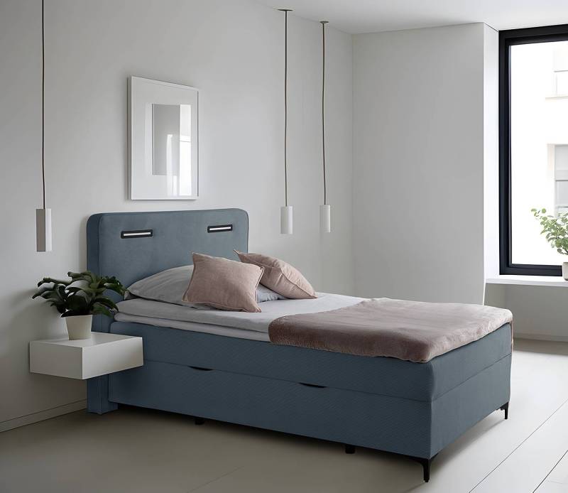 home24 Beleuchtetes Boxbett Tewon 120 x 200cm Cordstoff Onika Blau/Grau von home24