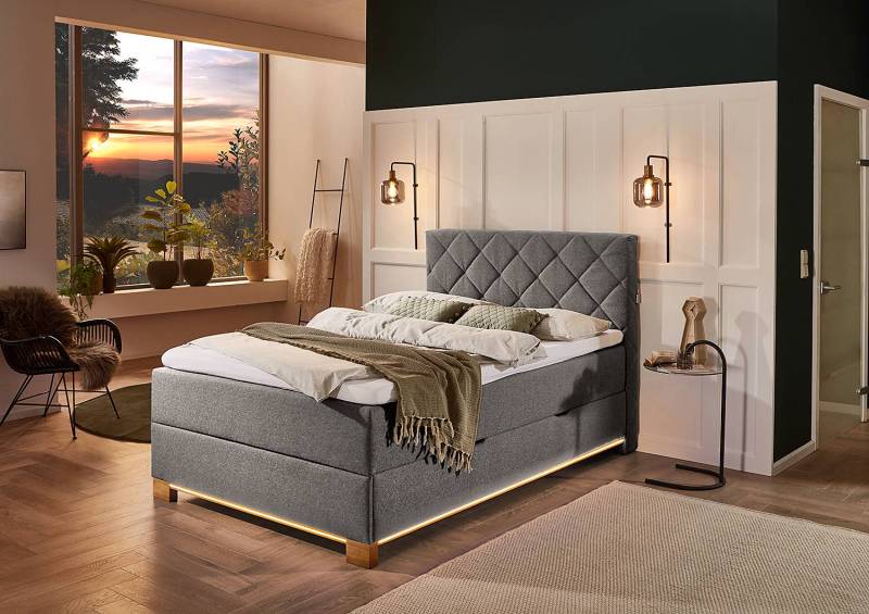 home24 Beleuchtetes Boxspringbett Messina 120 x 200cm Webstoff Asha Grau Eiche von home24