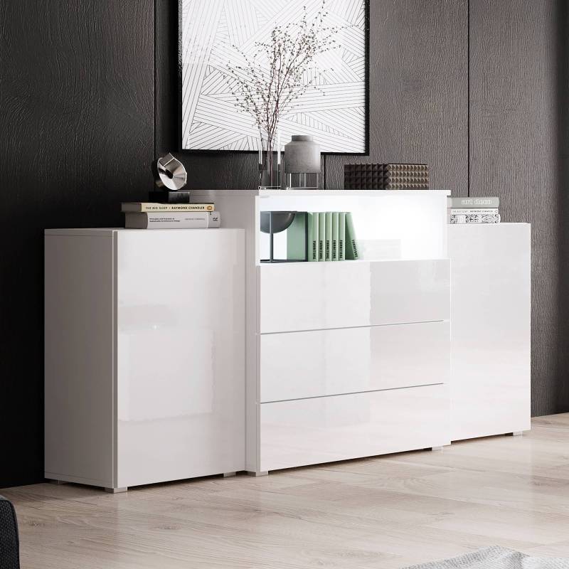 home24 Beleuchtetes Sideboard Seams 150 x 79 x 31cm Weiß/Hochglanz Weiß/Matt Weiß von home24