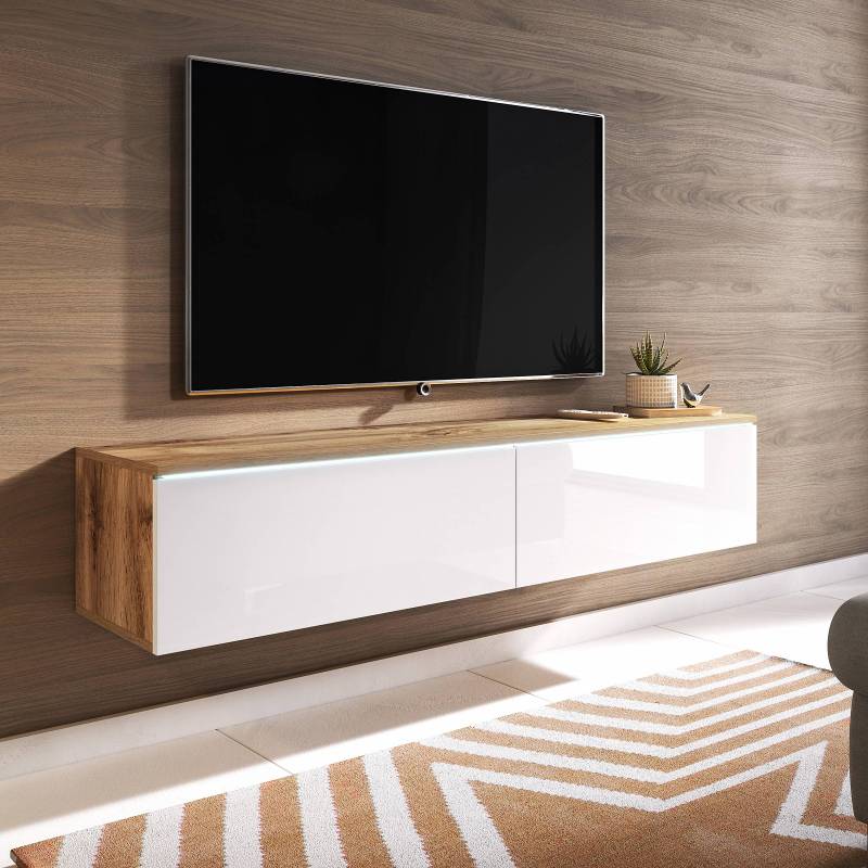 home24 Beleuchtetes TV-Lowboard Minnas - 140 cm Spanplatte, beschichtet Braun/Weiß/Hochglanz Weiß/Wotaneiche Dekor 140 x 30 x 33cm von home24