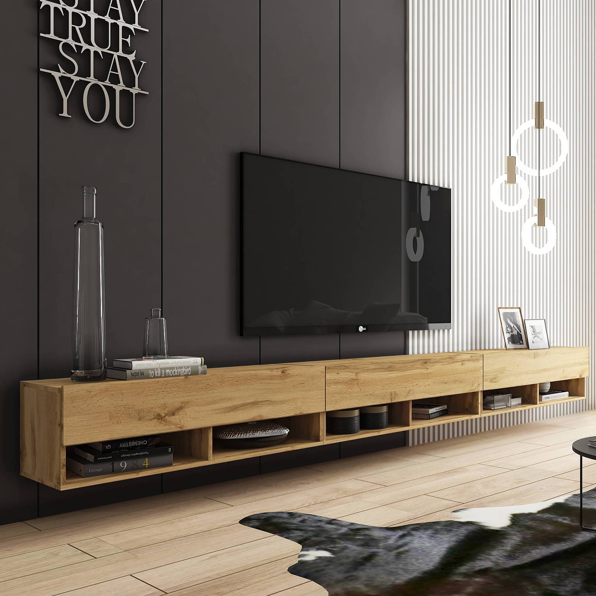 home24 Beleuchtetes TV-Lowboard Mizzau - 300 cm Spanplatte, beschichtet Braun/Wotaneiche Dekor 300 x 30 x 31cm von home24