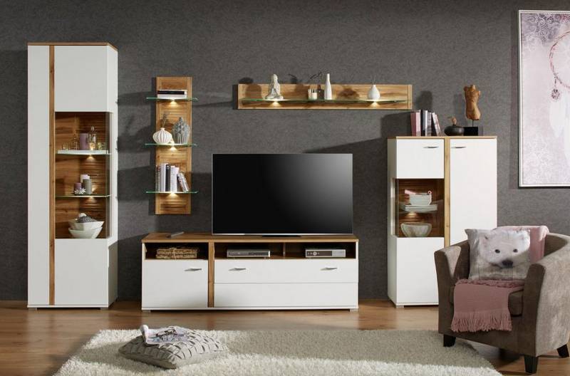 home24 Beleuchtetes Wandregal Glas / MDF Mitteldichte Holzfaserplatte , foliert Weiß 38 x 110 x 19cm von home24